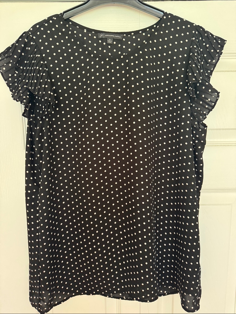 Adrianna Papell Black with White Polka Dot Ruffle Sleeve Top